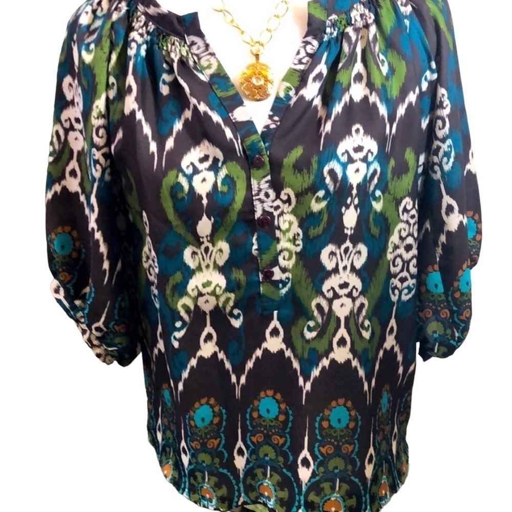 GIBSON Aztec Green Brown print Boho Blouse 3/4 Puff Sleeves Women’s Size Small
